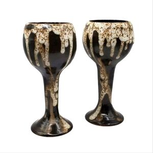 Vintage Signed Studio Art Clay Pottery Goblets chalices Blsmith Handmade 7.5" H